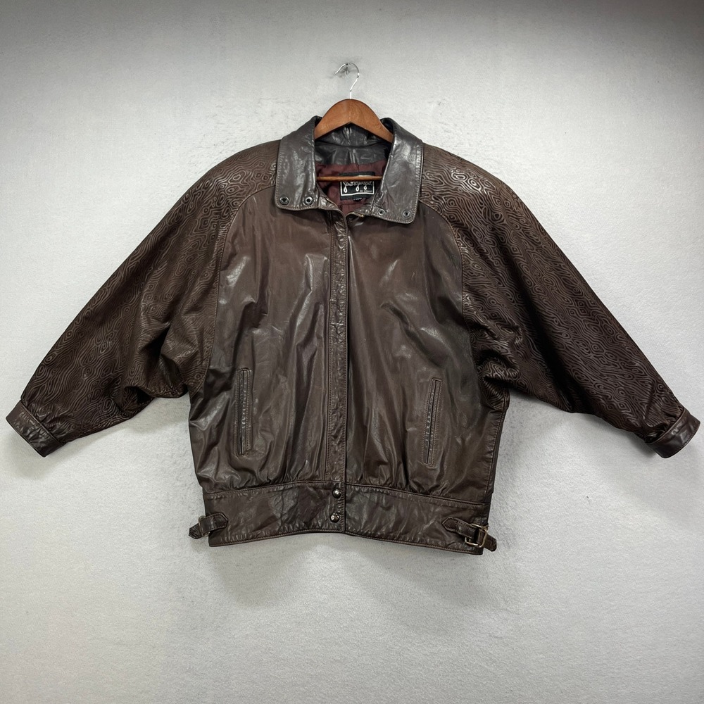 Gino di Giorgio Bomber Jacket Men M Brown Leather Embossed Swirl Vintage 80s 90s